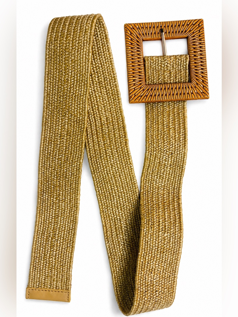 Woven Straw-Style Women's Belt in Light Tan with Wooden Square Buckle